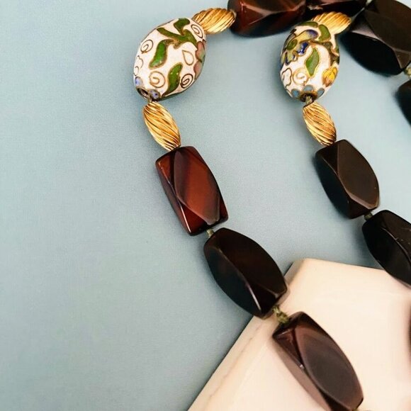 Vintage Cloisonné Ping An Kou Pendant Necklace With Red Tigers Eye Beads 30" - Picture 6 of 6